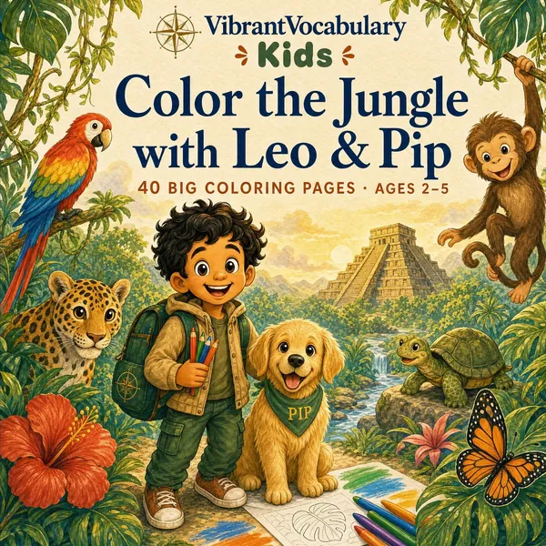 Cover of Color the Jungle with Leo & Pip — Leo and Pip with a parrot, a monkey and a friendly jaguar, ready to be coloured.