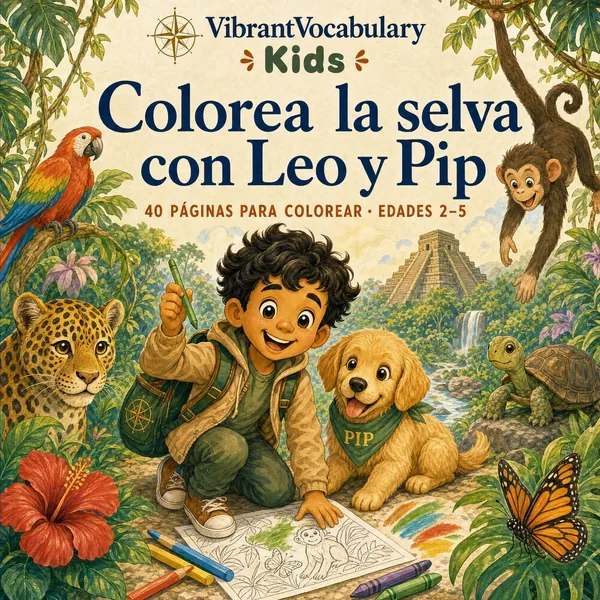 Portada de Colorea la selva con Leo y Pip — Leo y Pip con un loro, un mono y un jaguar amistoso, listos para colorear.