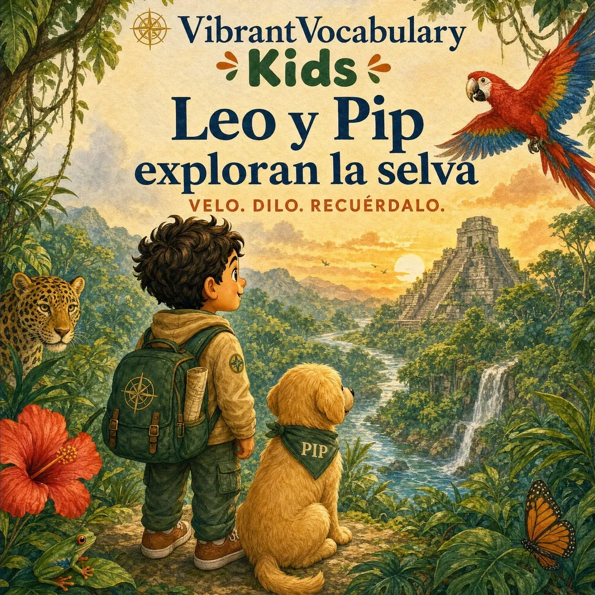 Portada de Leo y Pip exploran la selva — Leo y Pip contemplan un río de la selva y una pirámide de piedra al amanecer.