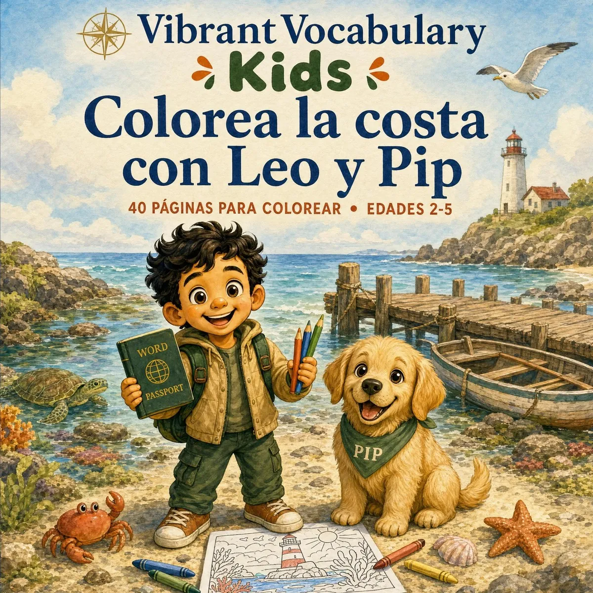 Portada de Colorea la costa con Leo y Pip — Leo y Pip junto a un faro y una gaviota en la costa.