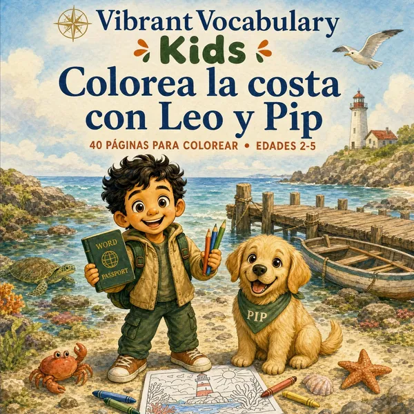 Portada de Colorea la costa con Leo y Pip — Leo y Pip junto a un faro y una gaviota en la costa.