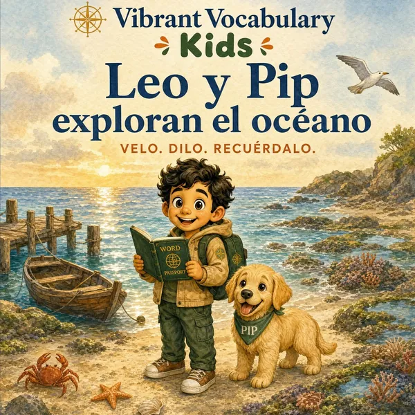 Portada de Leo y Pip exploran el océano — Leo sostiene abierto su Pasaporte de Palabras junto a Pip en una costa rocosa, con un muelle y un bote detrás.