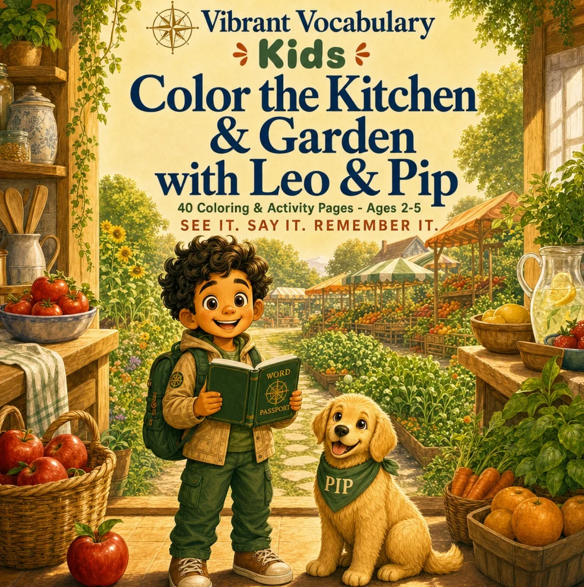 Cover of Color the Kitchen & Garden with Leo & Pip — Leo and Pip in a kitchen doorway looking out on a garden and market stalls.