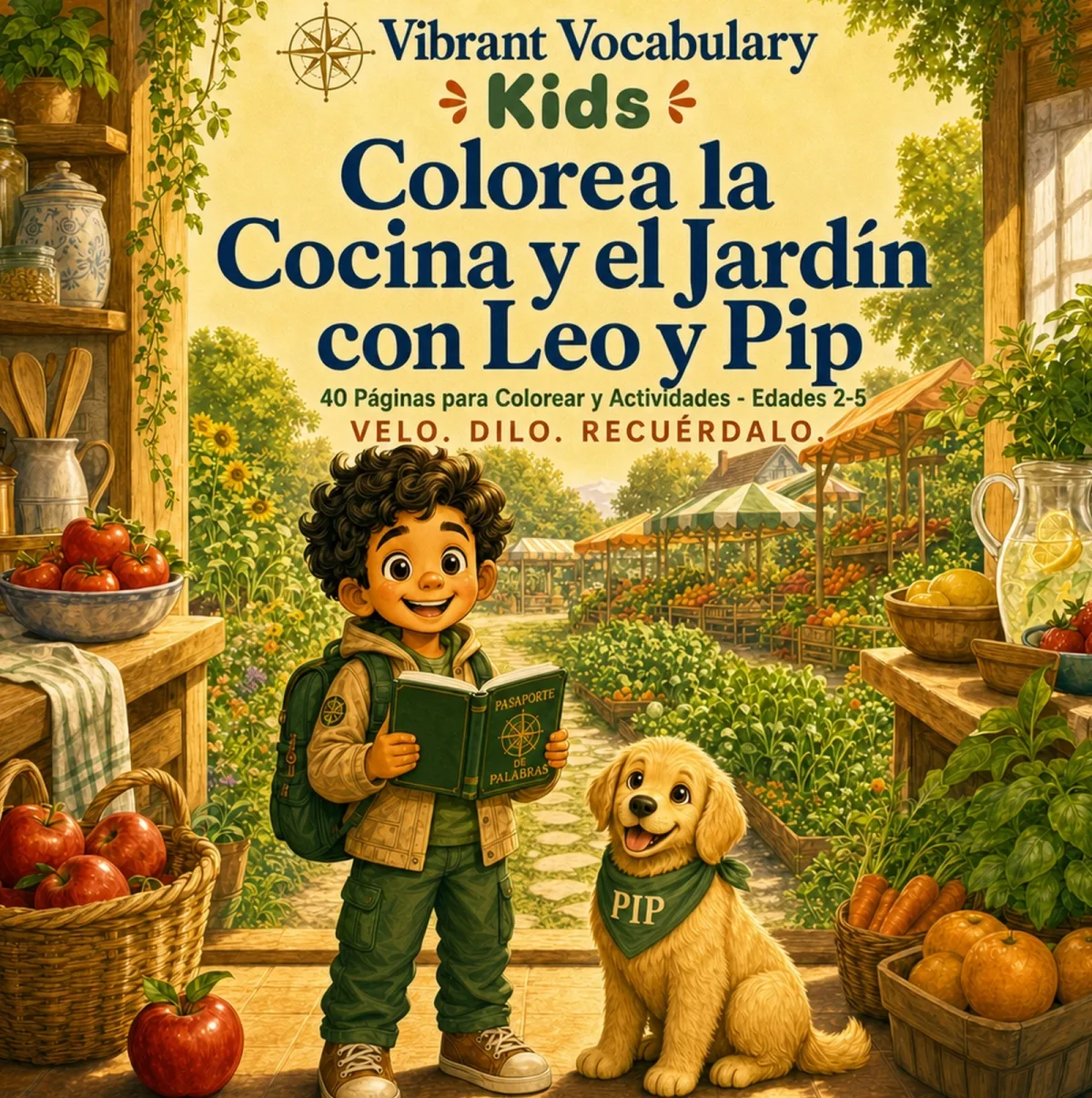 Portada de Colorea la Cocina y el Jardín con Leo y Pip — Leo y Pip en la puerta de la cocina mirando el jardín y los puestos del mercado.