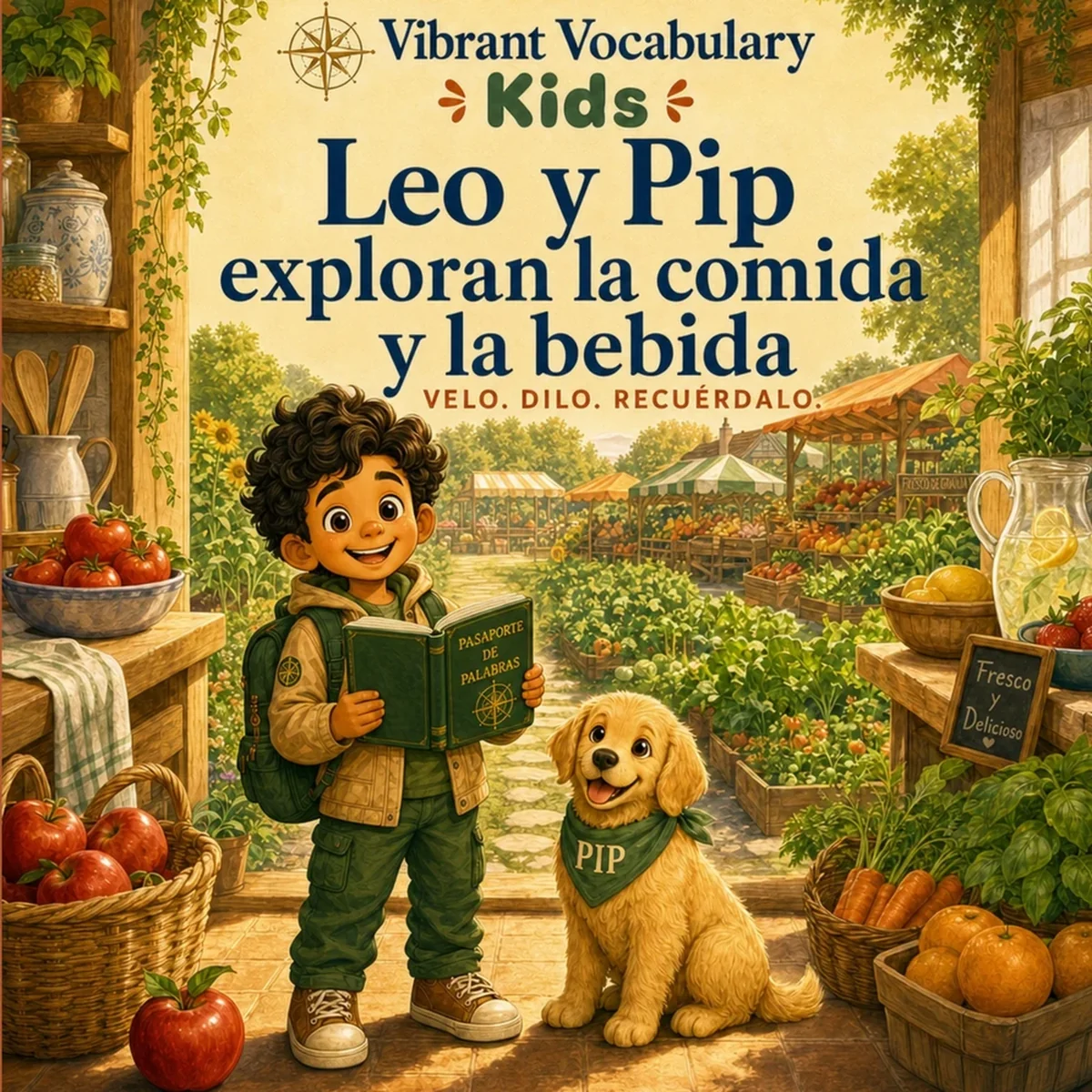 Portada de Leo y Pip exploran la comida y la bebida — Leo y Pip en un puesto de mercado lleno de fruta y pan.