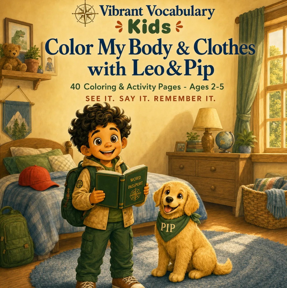 Cover of Color My Body & Clothes with Leo & Pip — Leo and Pip in a sunny bedroom with a red cap and a backpack.