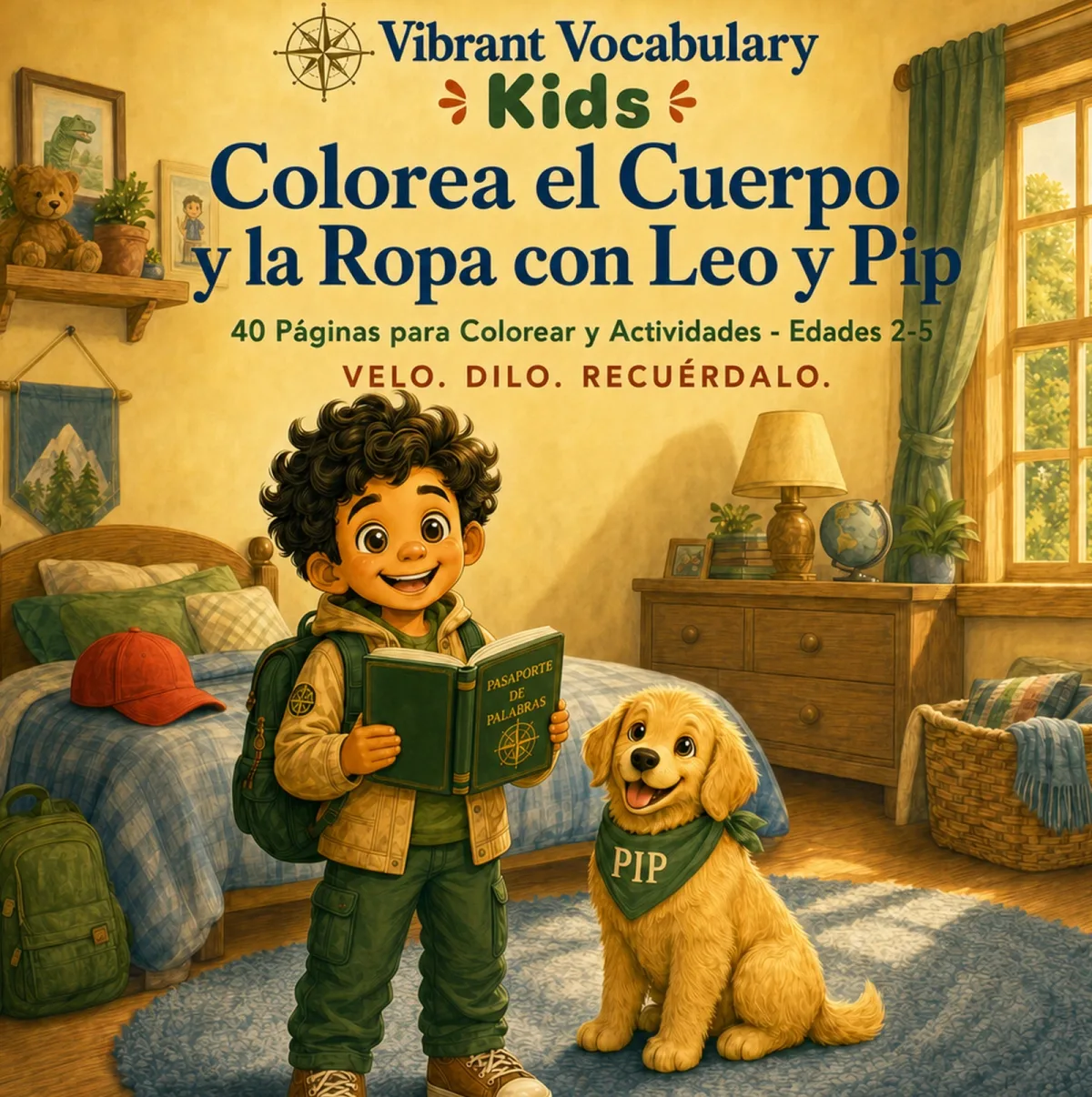 Portada de Colorea el Cuerpo y la Ropa con Leo y Pip — Leo y Pip en una habitación luminosa con una gorra roja y una mochila.