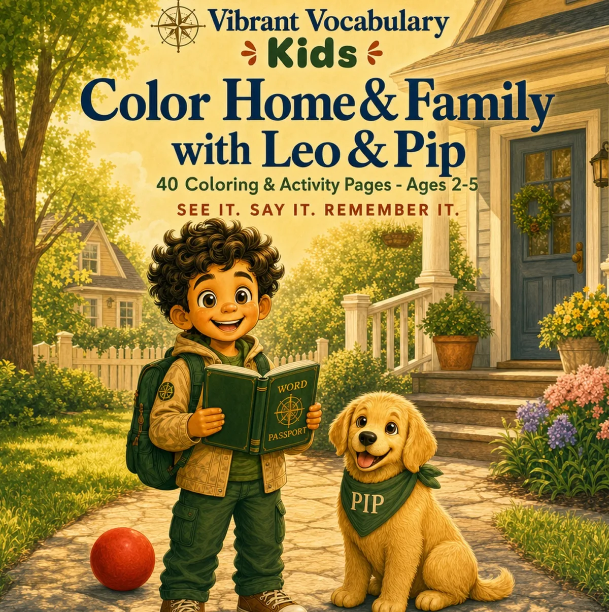 Cover of Color Home & Family with Leo & Pip — Leo and Pip on the front path of a house with a red ball nearby.