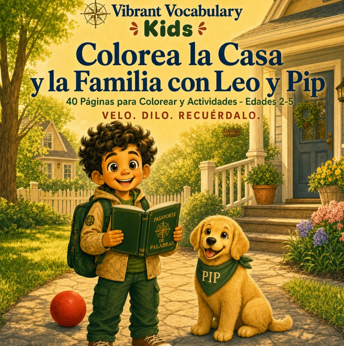 Portada de Colorea la Casa y la Familia con Leo y Pip — Leo y Pip en el camino de entrada de una casa con una pelota roja cerca.