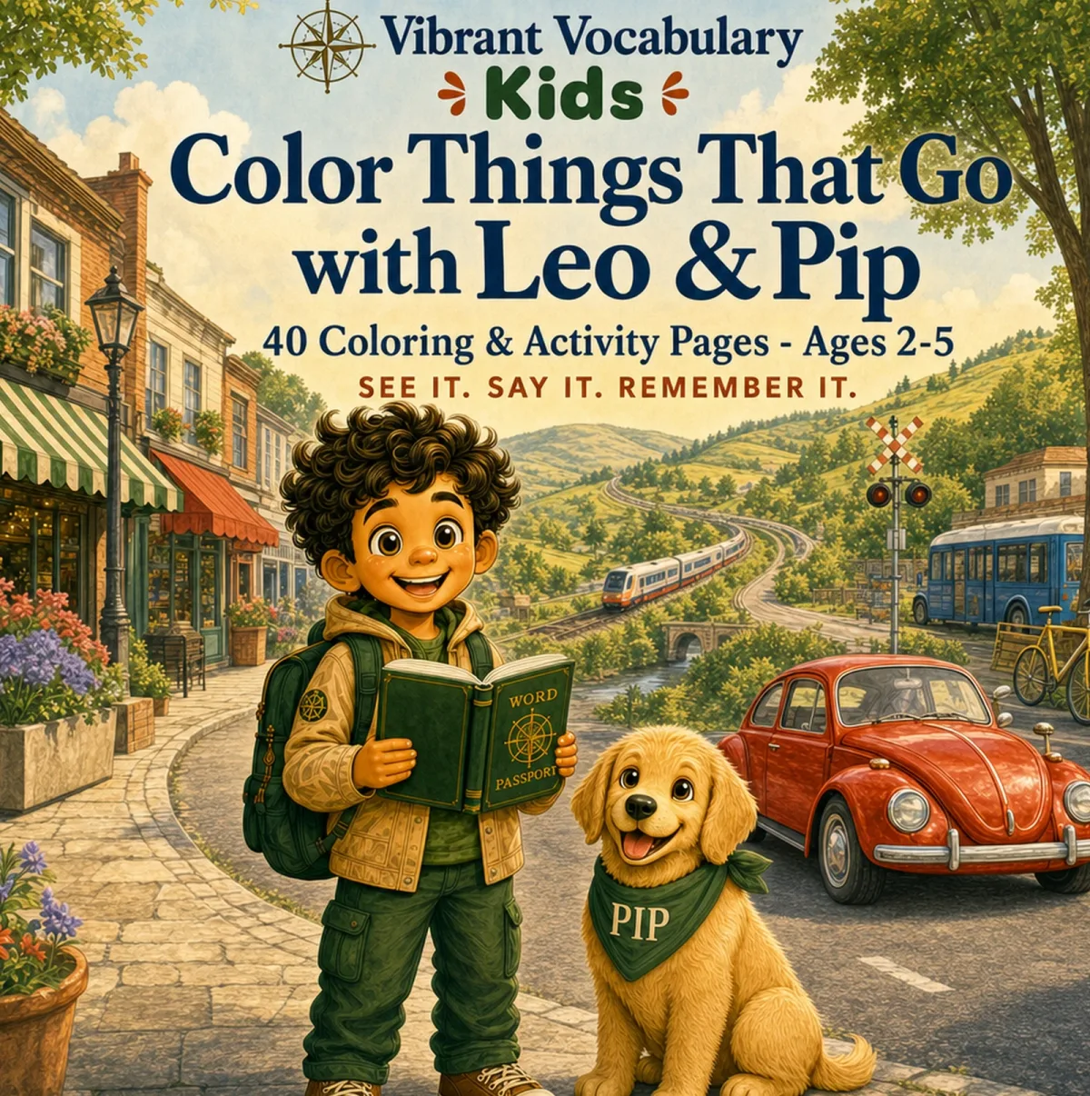 Cover of Color Things That Go with Leo & Pip — Leo and Pip on a town street with a red car, a train and a bus.