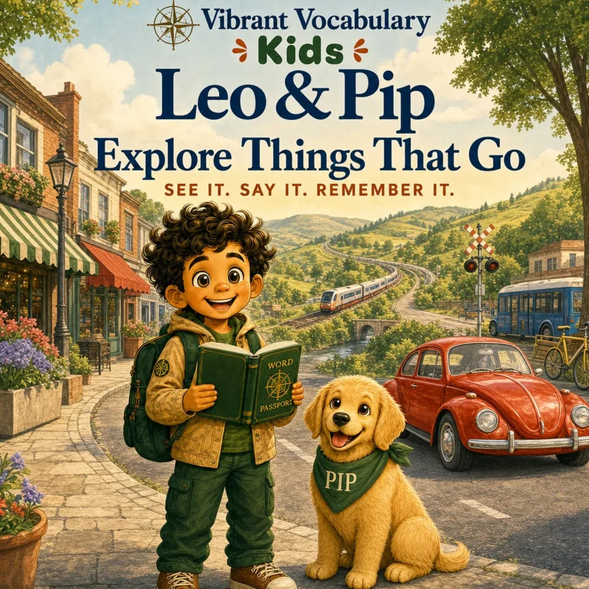 Cover of Leo & Pip Explore Things That Go — Leo and Pip on a town street with a car, a bus and a train.