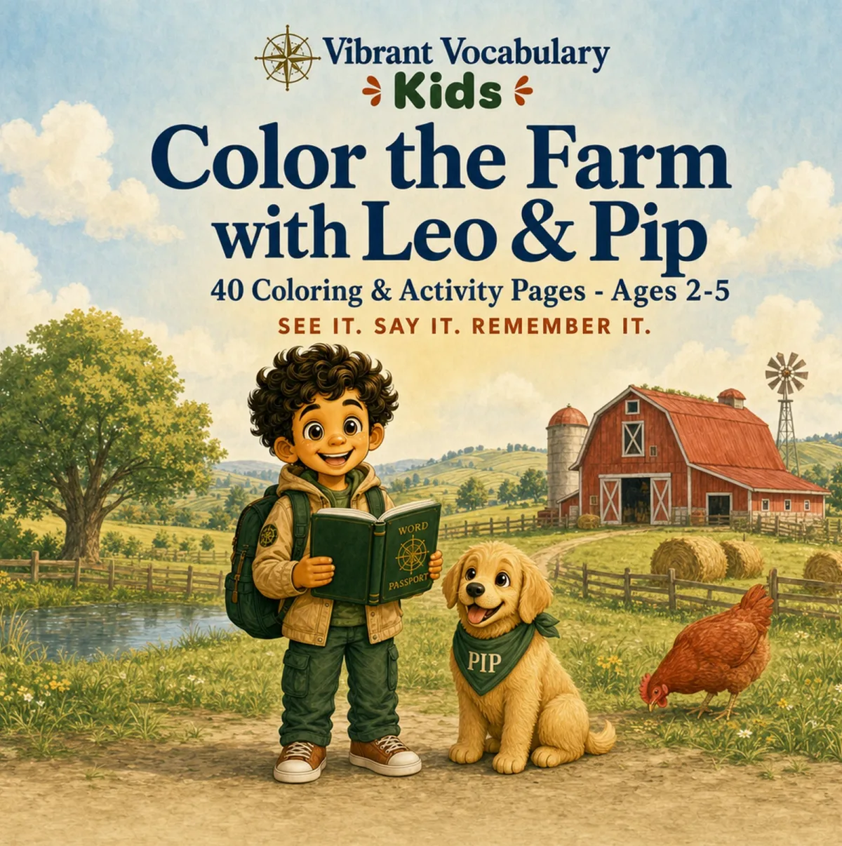 Cover of Color the Farm with Leo & Pip — Leo and Pip beside a red barn, a windmill and a hen.