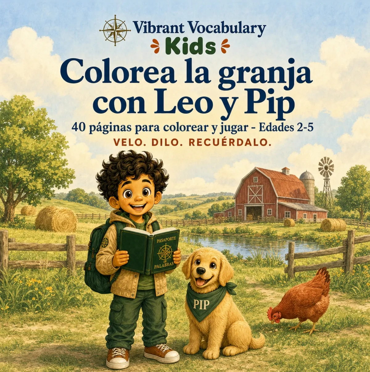 Portada de Colorea la Granja con Leo y Pip — Leo y Pip junto a un granero rojo, un molino de viento y una gallina.