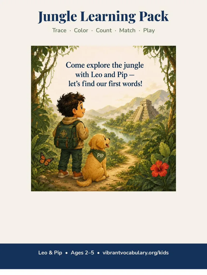Cover of the Jungle Learning Pack — Leo and Pip at the jungle trail.
