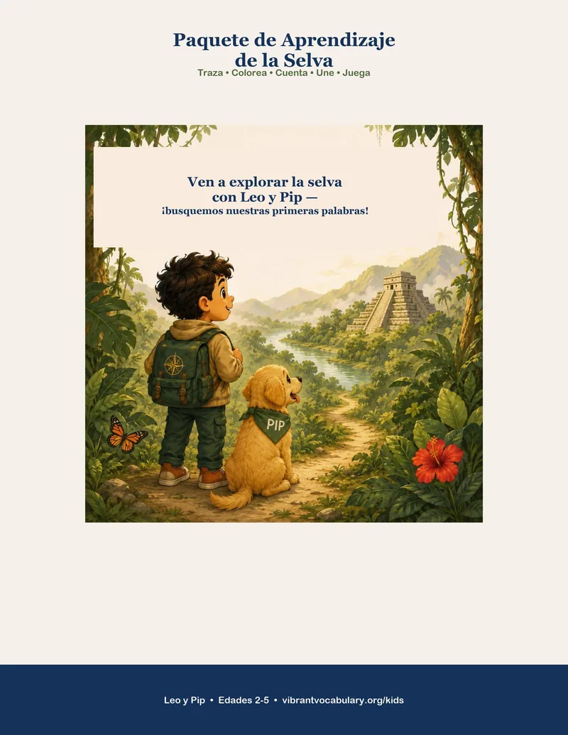 Portada del Paquete de Aprendizaje de la Selva — Leo y Pip en el sendero de la selva.