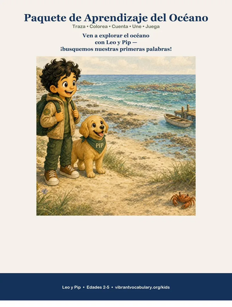Portada del Paquete de Aprendizaje del Océano — Leo y Pip en la costa.